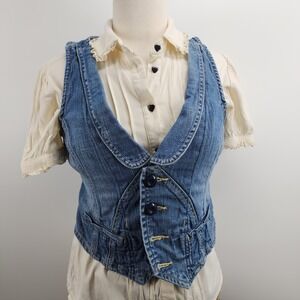 Joujou Premium Womens Denim Vest Medium Wash Cropped Button Front Blue Large